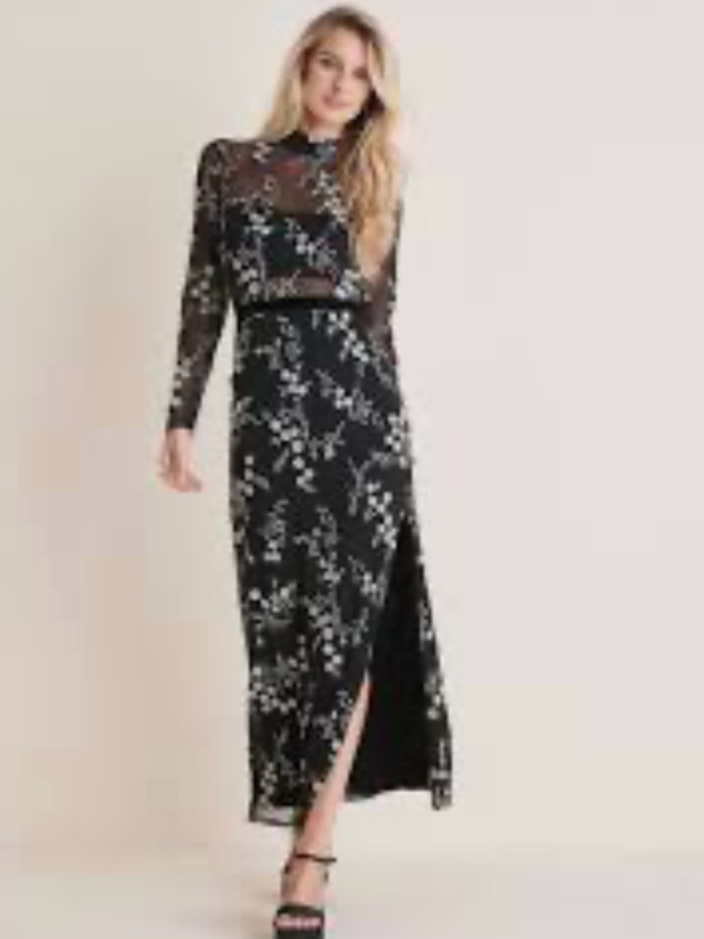 VENUS NWOT Black Floral Maxi Dress Mesh Long Sleeve Mock Neck Size XLarge